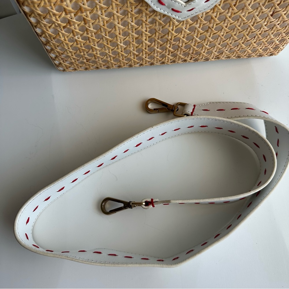 Mehry Mu Fey Large Leather Rattan Straw Box Bag w/ Long Shoulder Crossbody Strap - Picture 12 of 16